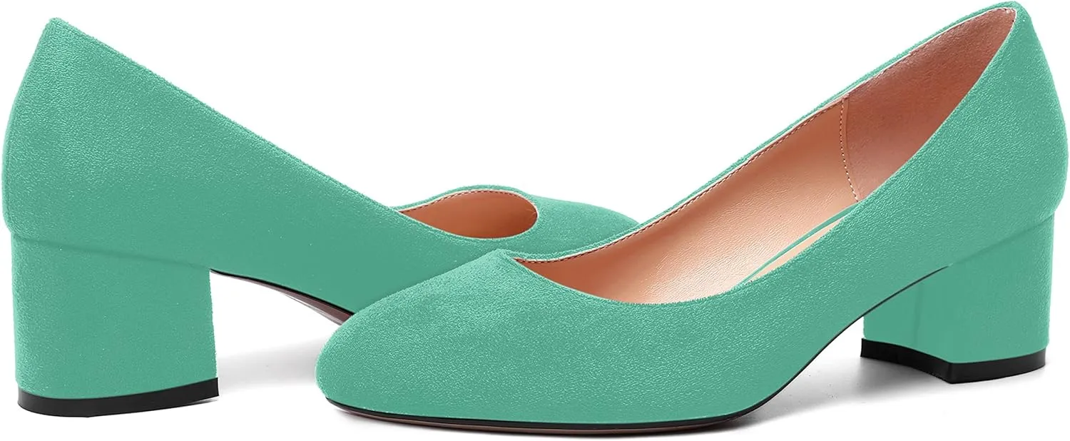 MOVINSTEPS Womens Office Dress Suede Slip On Round Toe Chunky Low Heel Pumps Shoes 2 Inch