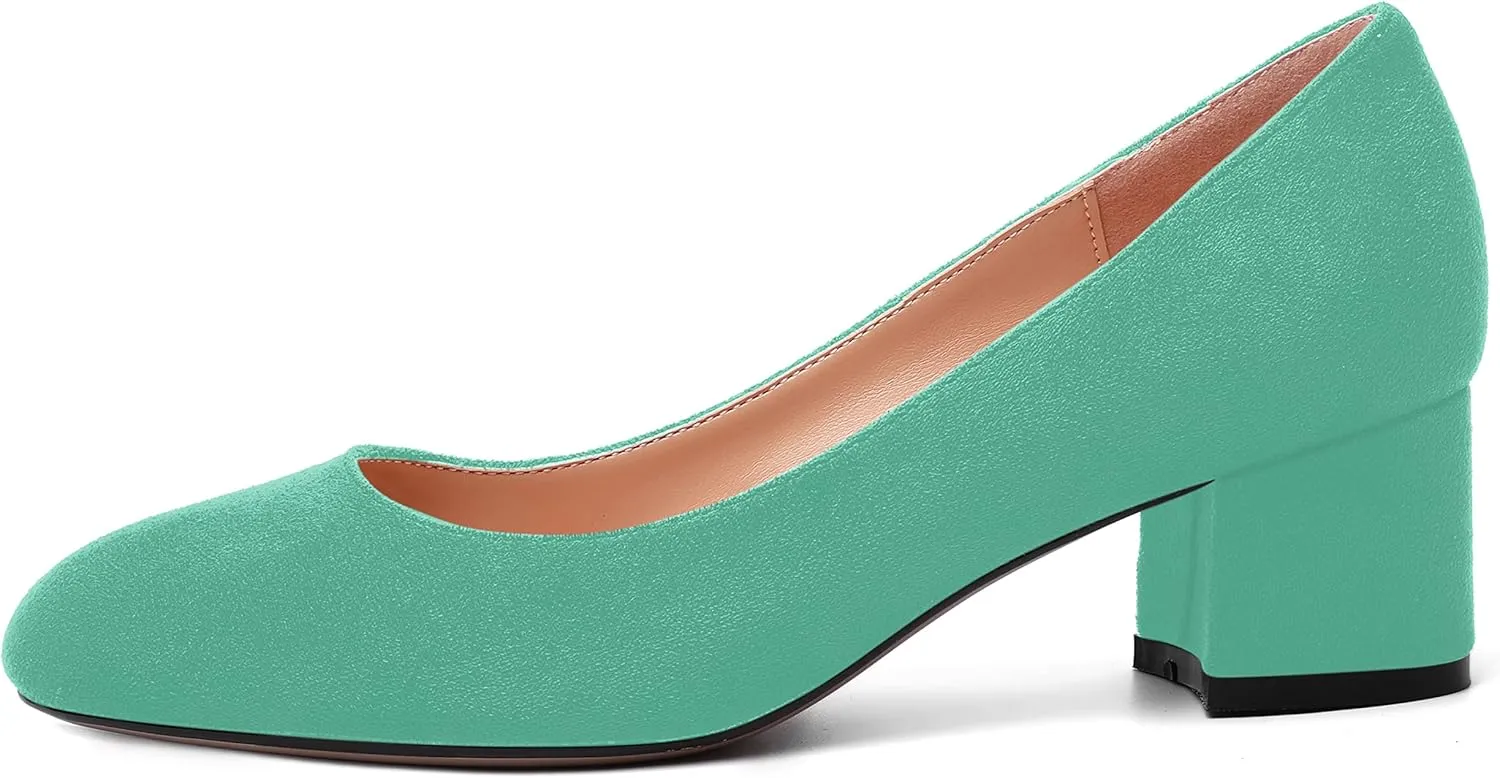 MOVINSTEPS Womens Office Dress Suede Slip On Round Toe Chunky Low Heel Pumps Shoes 2 Inch