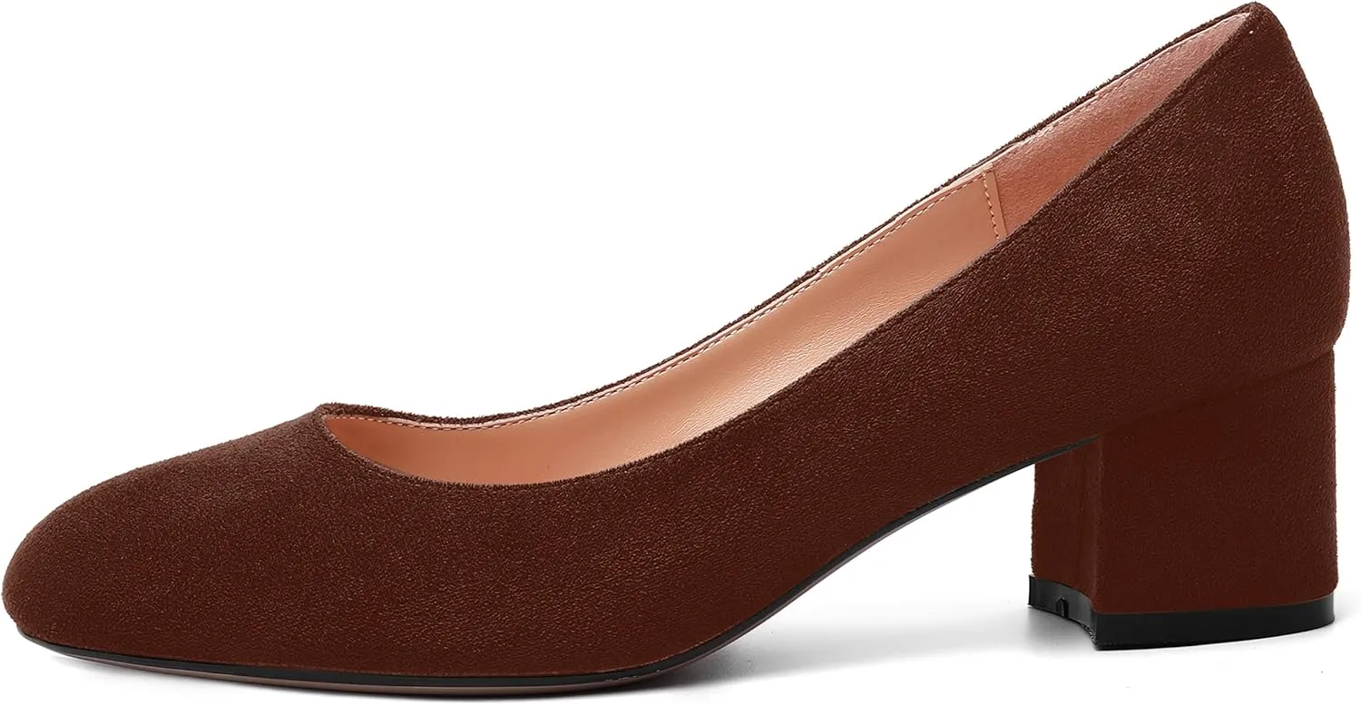 MOVINSTEPS Womens Office Dress Suede Slip On Round Toe Chunky Low Heel Pumps Shoes 2 Inch
