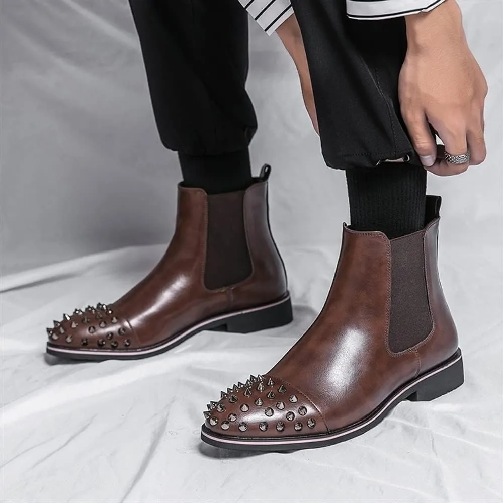 New Ankle Boots For Men Round Rivet Toe Leather Non Slip Anti-slip Waterproof Slip On Wearable Fashion Dress