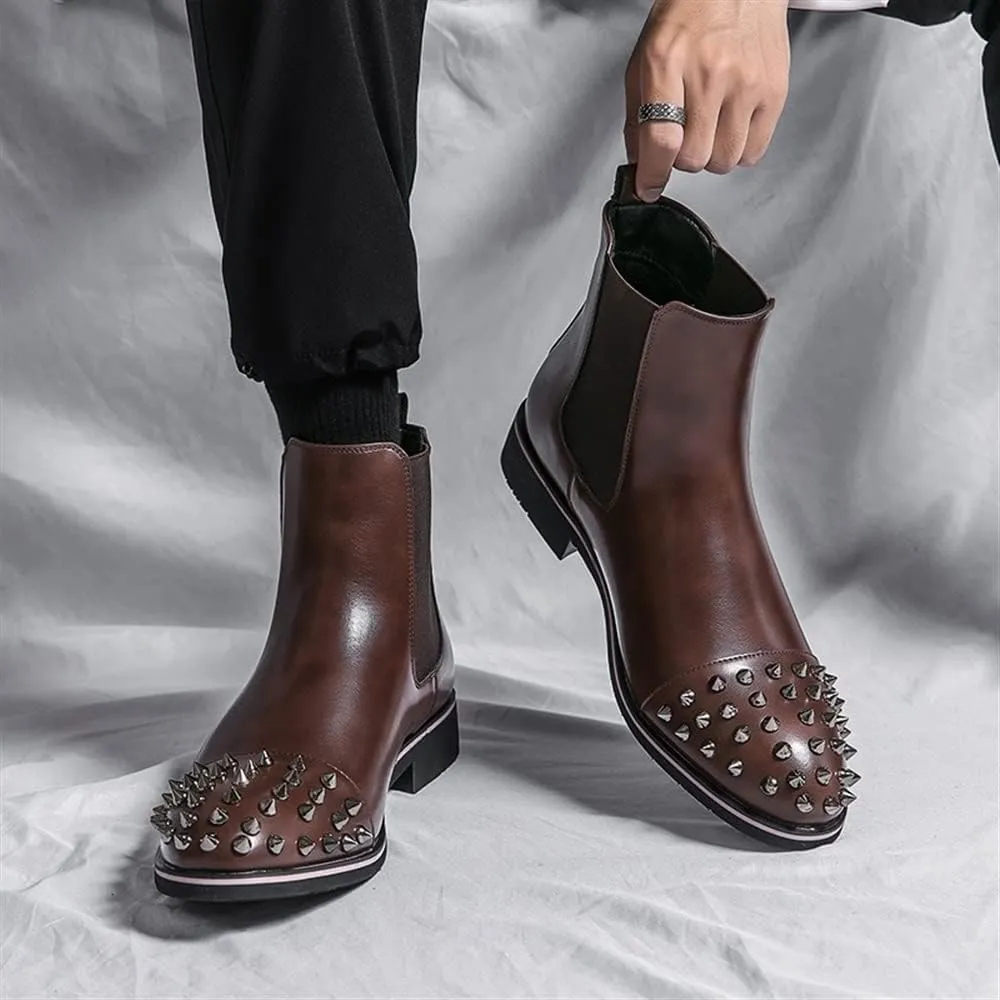 New Ankle Boots For Men Round Rivet Toe Leather Non Slip Anti-slip Waterproof Slip On Wearable Fashion Dress
