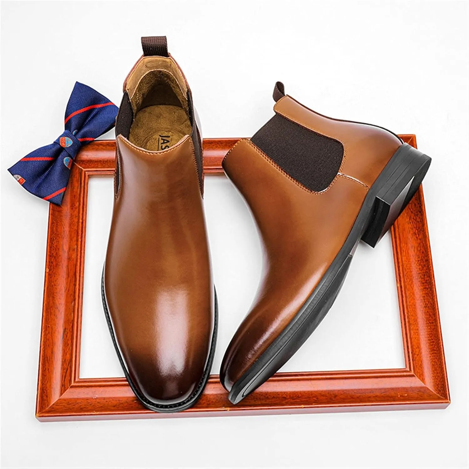 New Men's Chelsea Ankle Boots Elastic Bandage Burnished Toe Genuine Leather Slip On Wearable Waterproof Anti-slip Classic Dress Pull On