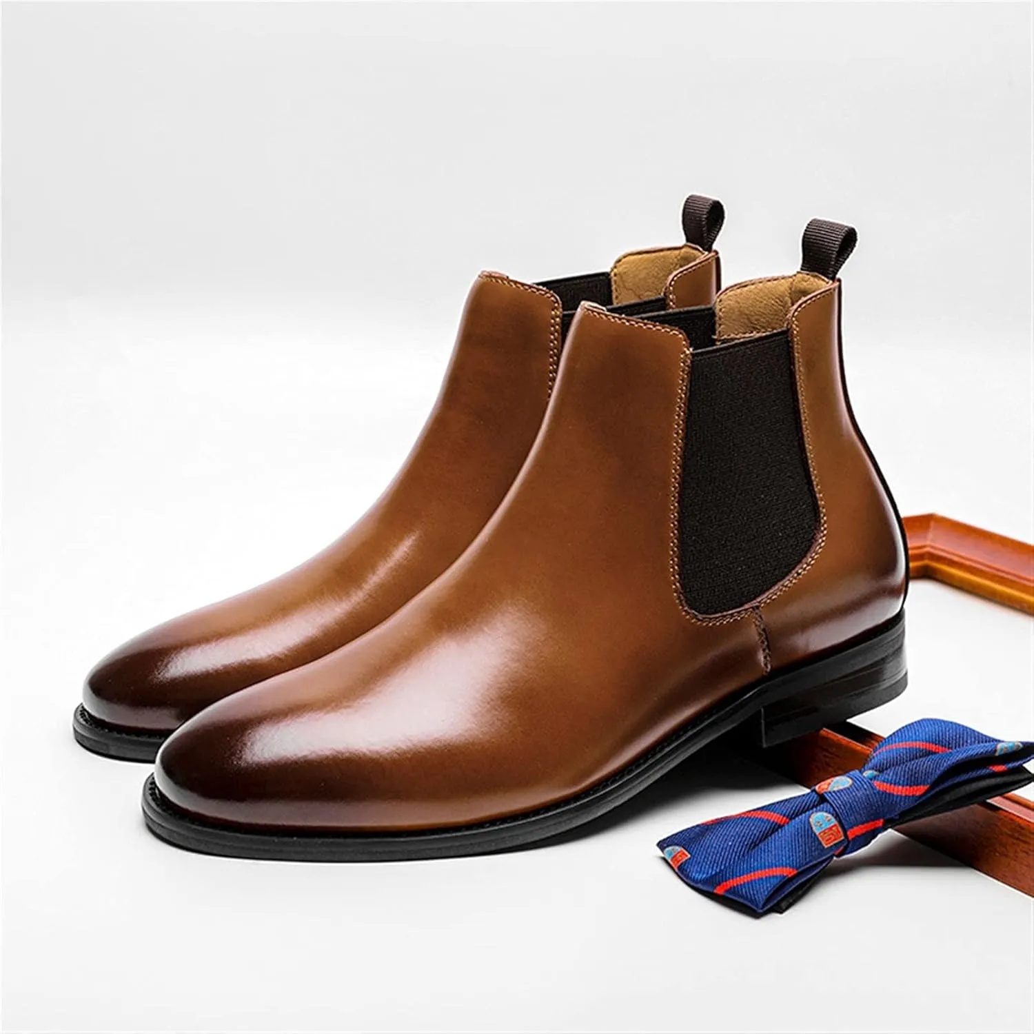 New Men's Chelsea Ankle Boots Elastic Bandage Burnished Toe Genuine Leather Slip On Wearable Waterproof Anti-slip Classic Dress Pull On