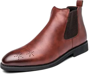 New Men's Chelsea Ankle Boots Round Burnished Toe Brogue Embossed Slip On Anti-slip Non Slip Waterproof Wearable Dress Pull On