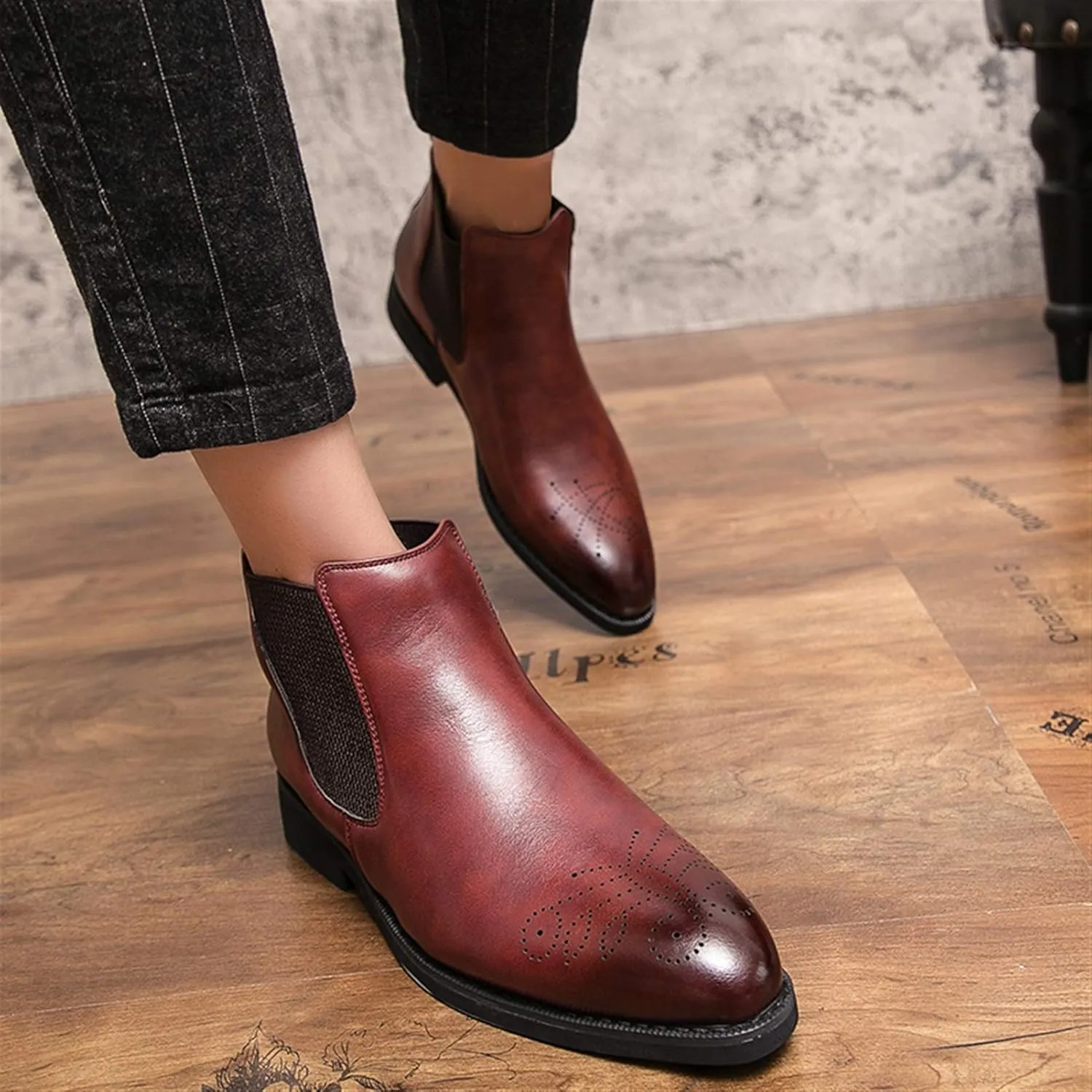 New Men's Chelsea Ankle Boots Round Burnished Toe Brogue Embossed Slip On Anti-slip Non Slip Waterproof Wearable Dress Pull On
