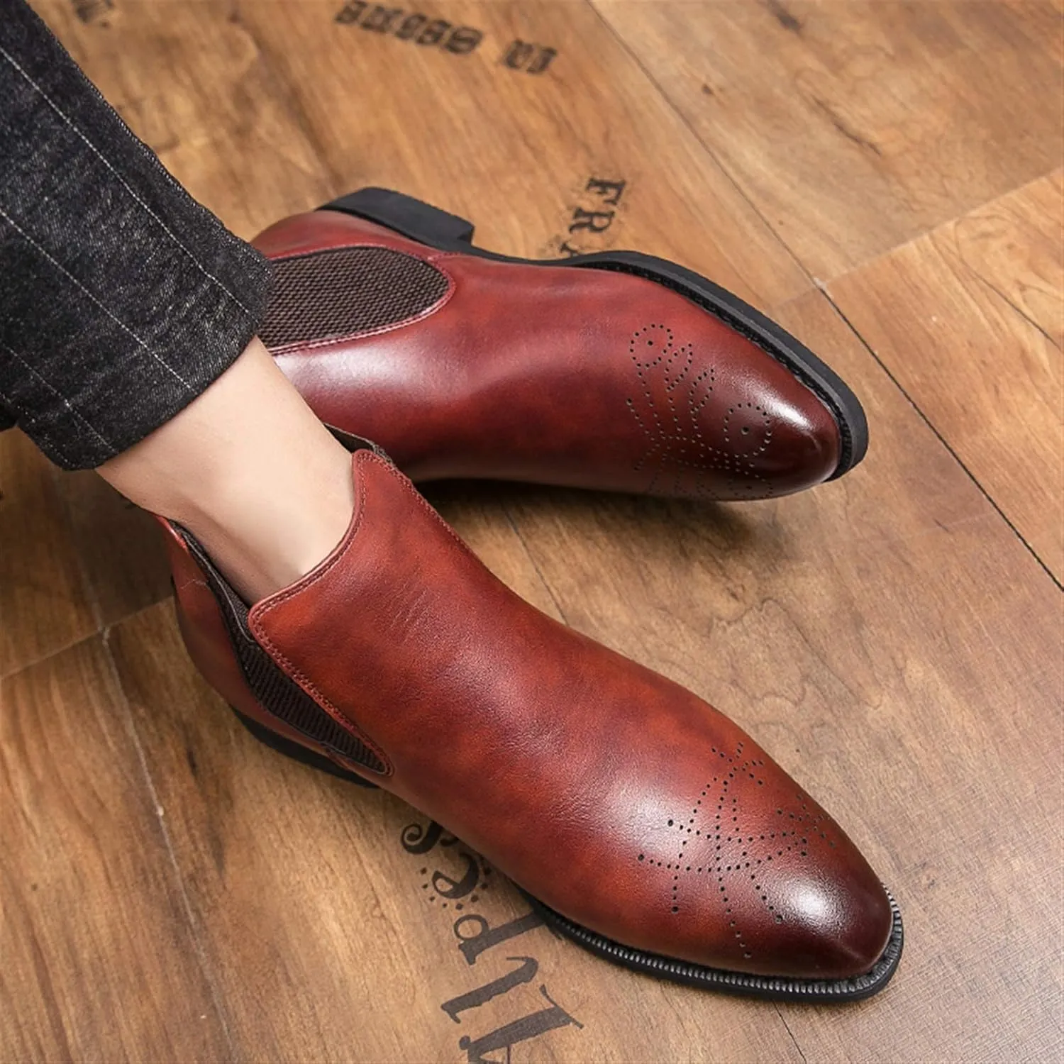 New Men's Chelsea Ankle Boots Round Burnished Toe Brogue Embossed Slip On Anti-slip Non Slip Waterproof Wearable Dress Pull On