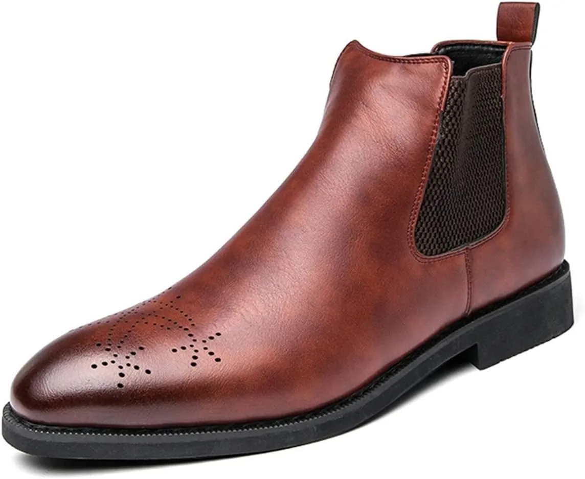 New Men's Chelsea Ankle Boots Round Burnished Toe Brogue Embossed Slip On Anti-slip Non Slip Waterproof Wearable Dress Pull On