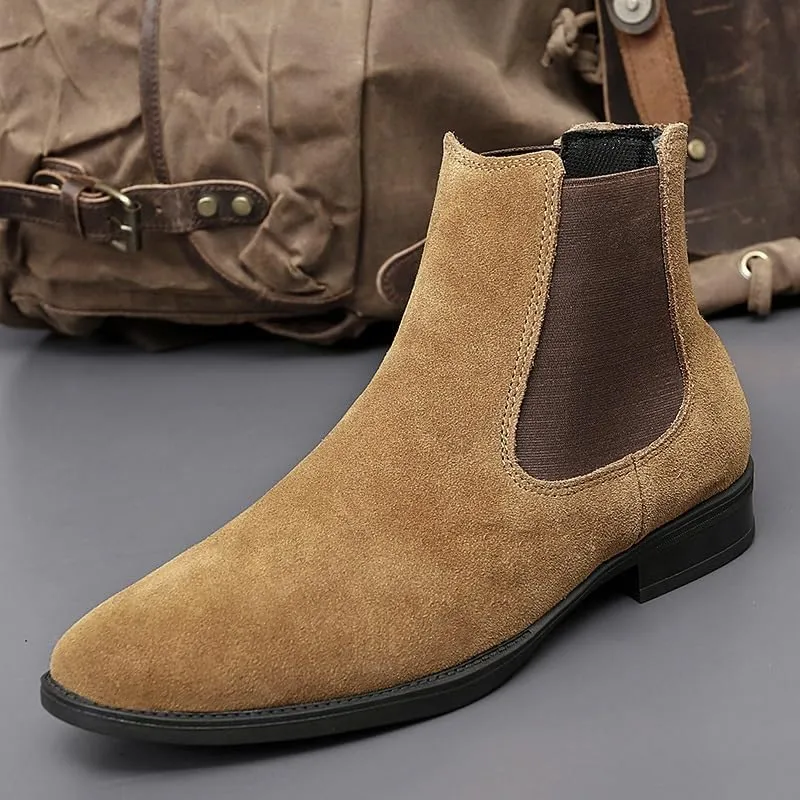 New Men's Chelsea Ankle Boots Solid Color Suede Vamp Elastic Band Waterproof Wearable Non Anti-slip Dress Casual Slip On