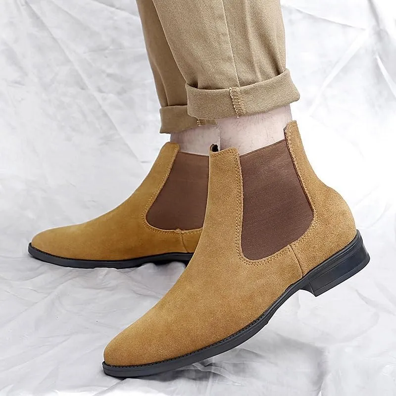 New Men's Chelsea Ankle Boots Solid Color Suede Vamp Elastic Band Waterproof Wearable Non Anti-slip Dress Casual Slip On