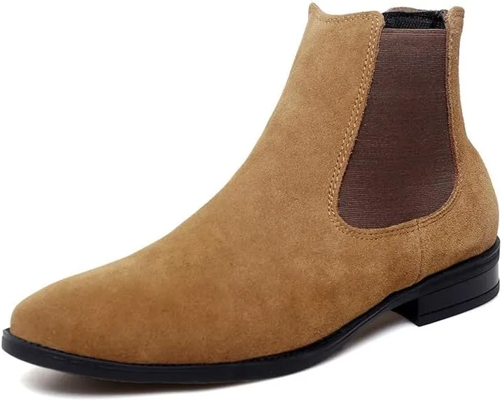 New Men's Chelsea Ankle Boots Solid Color Suede Vamp Elastic Band Waterproof Wearable Non Anti-slip Dress Casual Slip On