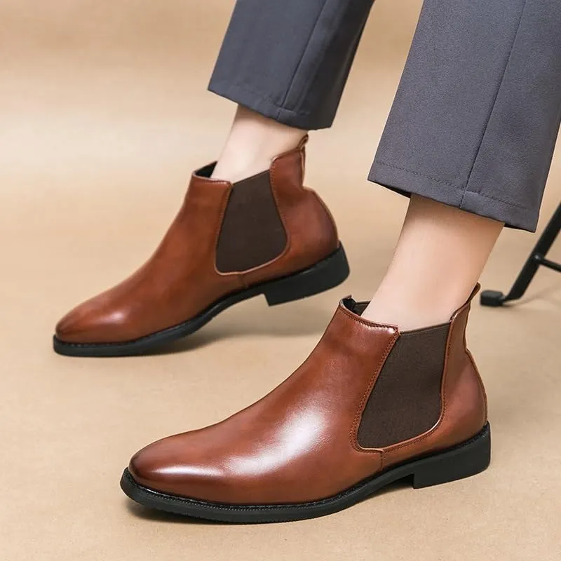 New Mens Chelsea Boot Pointed Toe PU Leather Elastic Band Anti-slip Waterproof Wearable Non Dress Slip On