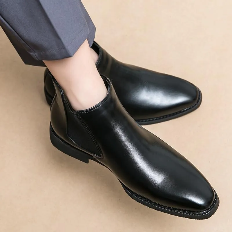 New Mens Chelsea Boot Pointed Toe PU Leather Elastic Band Anti-slip Waterproof Wearable Non Dress Slip On