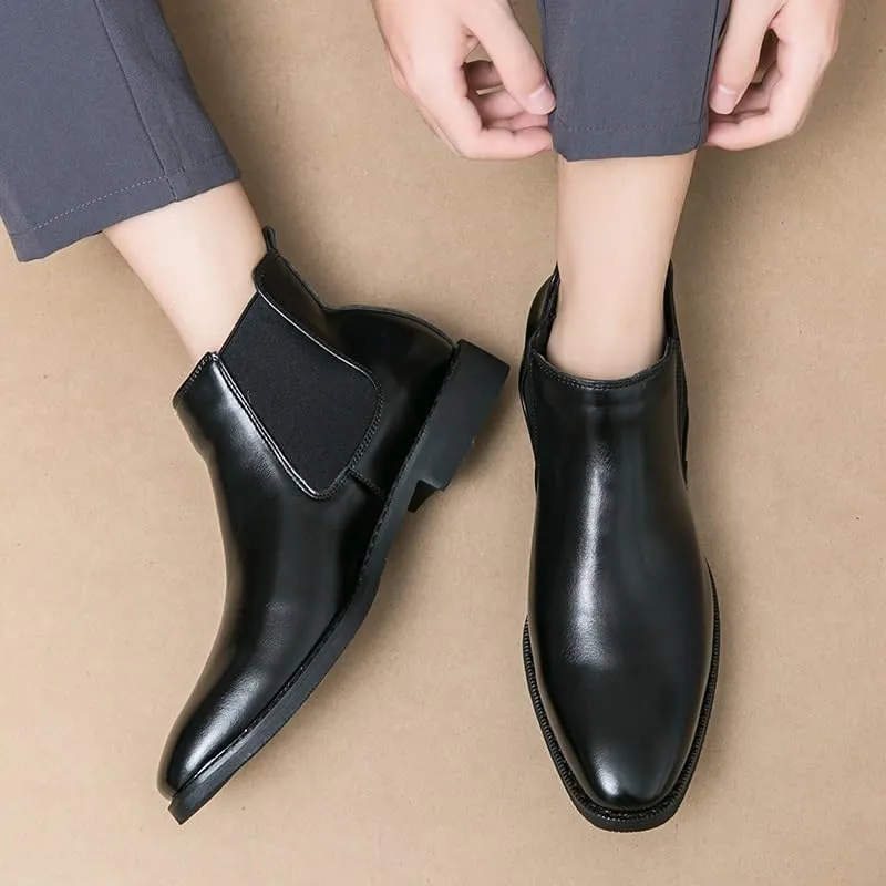 New Mens Chelsea Boot Pointed Toe PU Leather Elastic Band Anti-slip Waterproof Wearable Non Dress Slip On