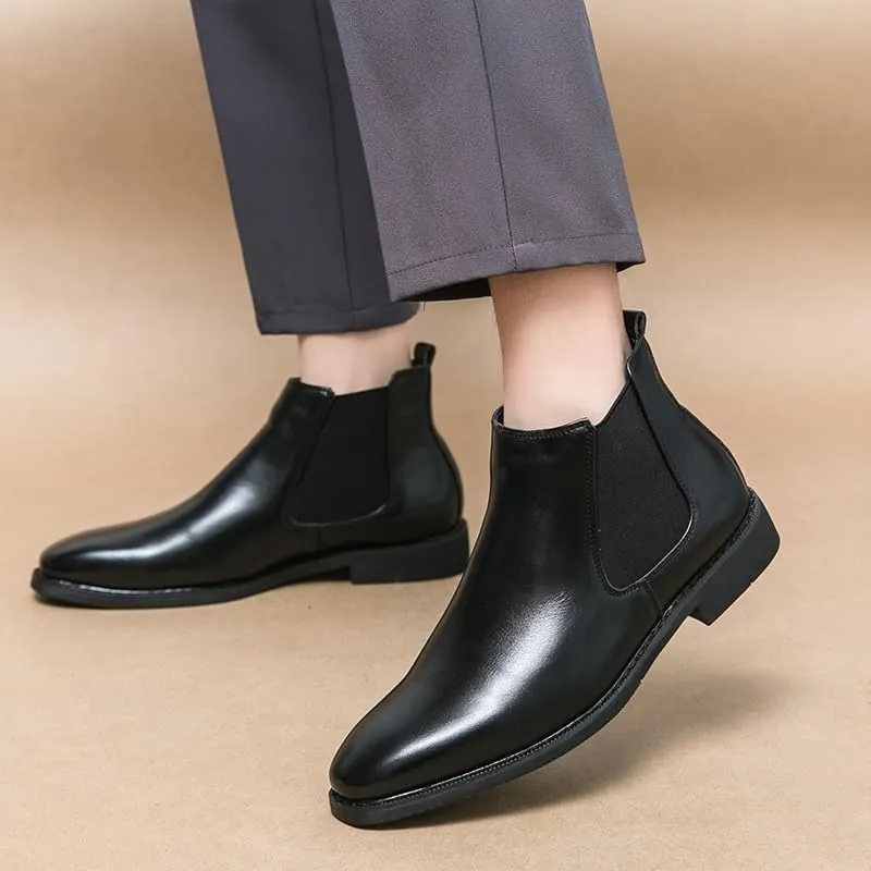 New Mens Chelsea Boot Pointed Toe PU Leather Elastic Band Anti-slip Waterproof Wearable Non Dress Slip On