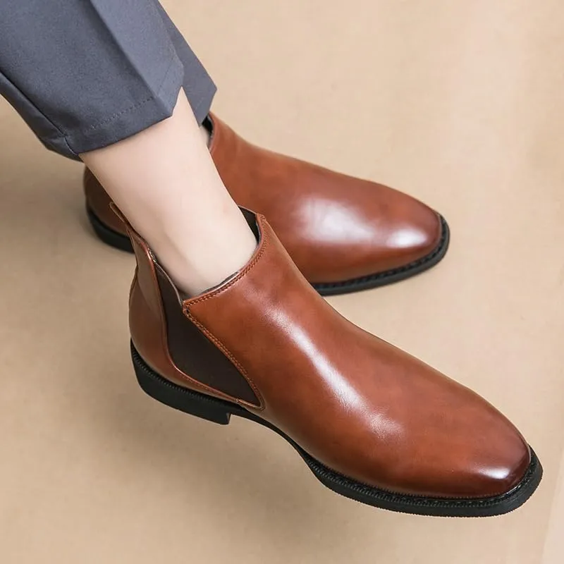 New Mens Chelsea Boot Pointed Toe PU Leather Elastic Band Anti-slip Waterproof Wearable Non Dress Slip On