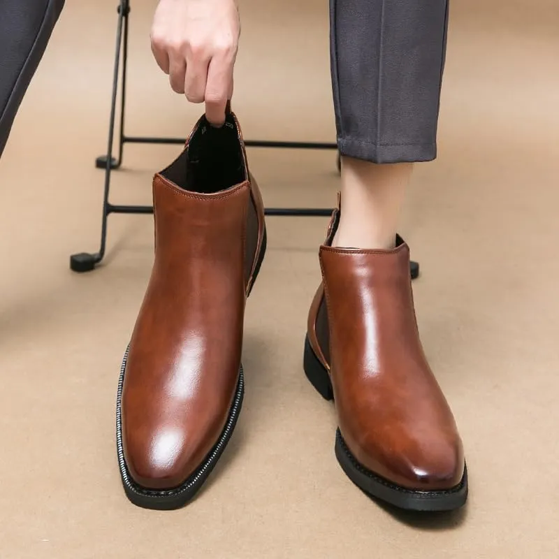 New Mens Chelsea Boot Pointed Toe PU Leather Elastic Band Anti-slip Waterproof Wearable Non Dress Slip On