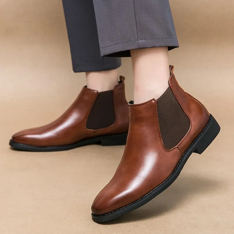New Mens Chelsea Boot Pointed Toe PU Leather Elastic Band Anti-slip Waterproof Wearable Non Dress Slip On