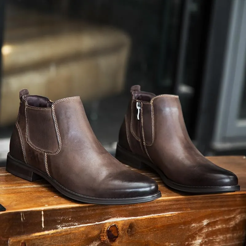 New Mens Chelsea Boot Round Burnished Toe Elastic Bandage Genuine Leather with Zipper Slip On Anti-slip Non Waterproof Wearable Classic Dress Slip On