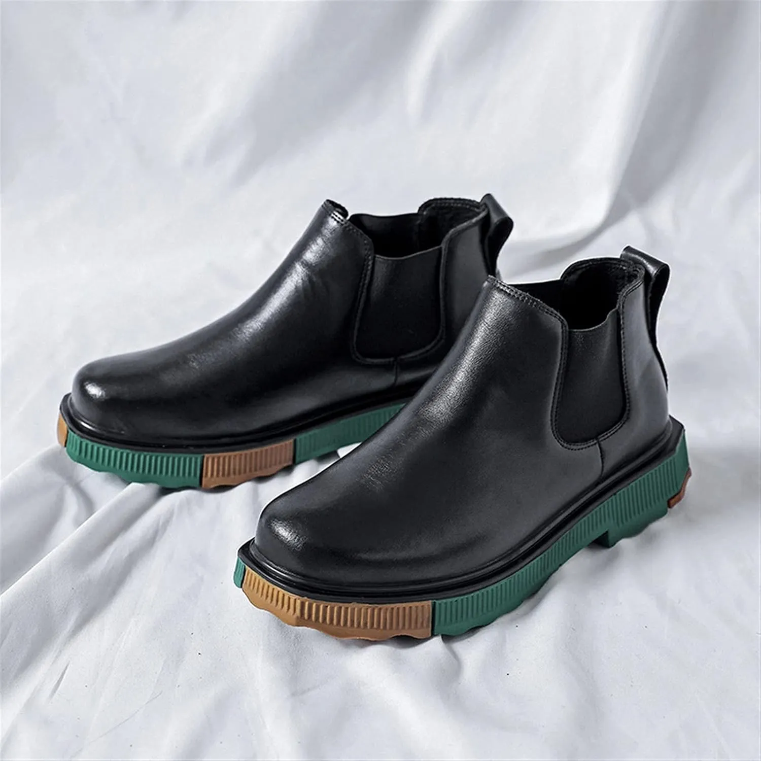 New Men's Chelsea Boots Elastic Bandage Color Bottom Height Increasing Elevator Cowhide Leather Slip On Wearable Waterproof Non Dress Fashion Slip On