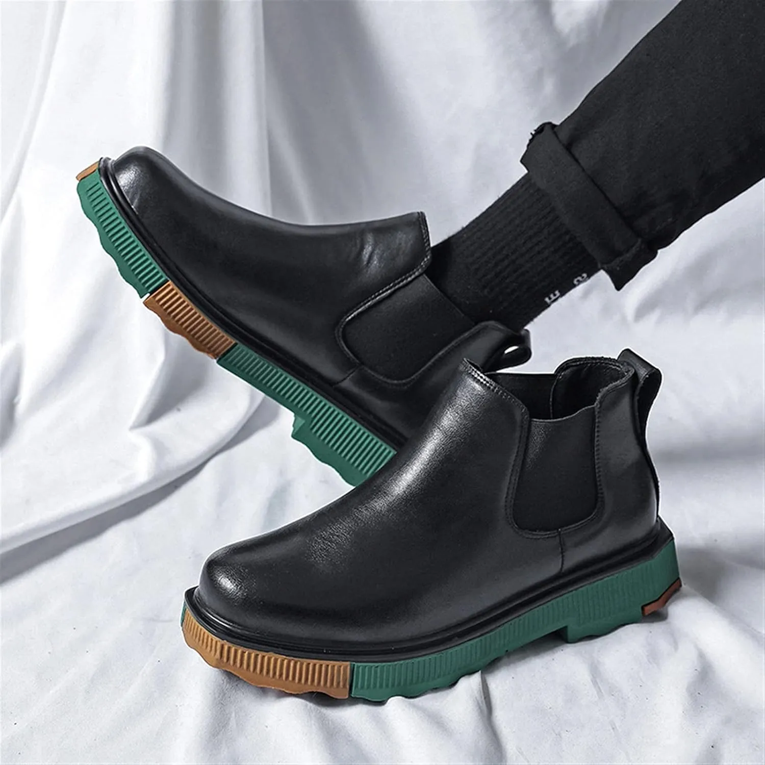 New Men's Chelsea Boots Elastic Bandage Color Bottom Height Increasing Elevator Cowhide Leather Slip On Wearable Waterproof Non Dress Fashion Slip On