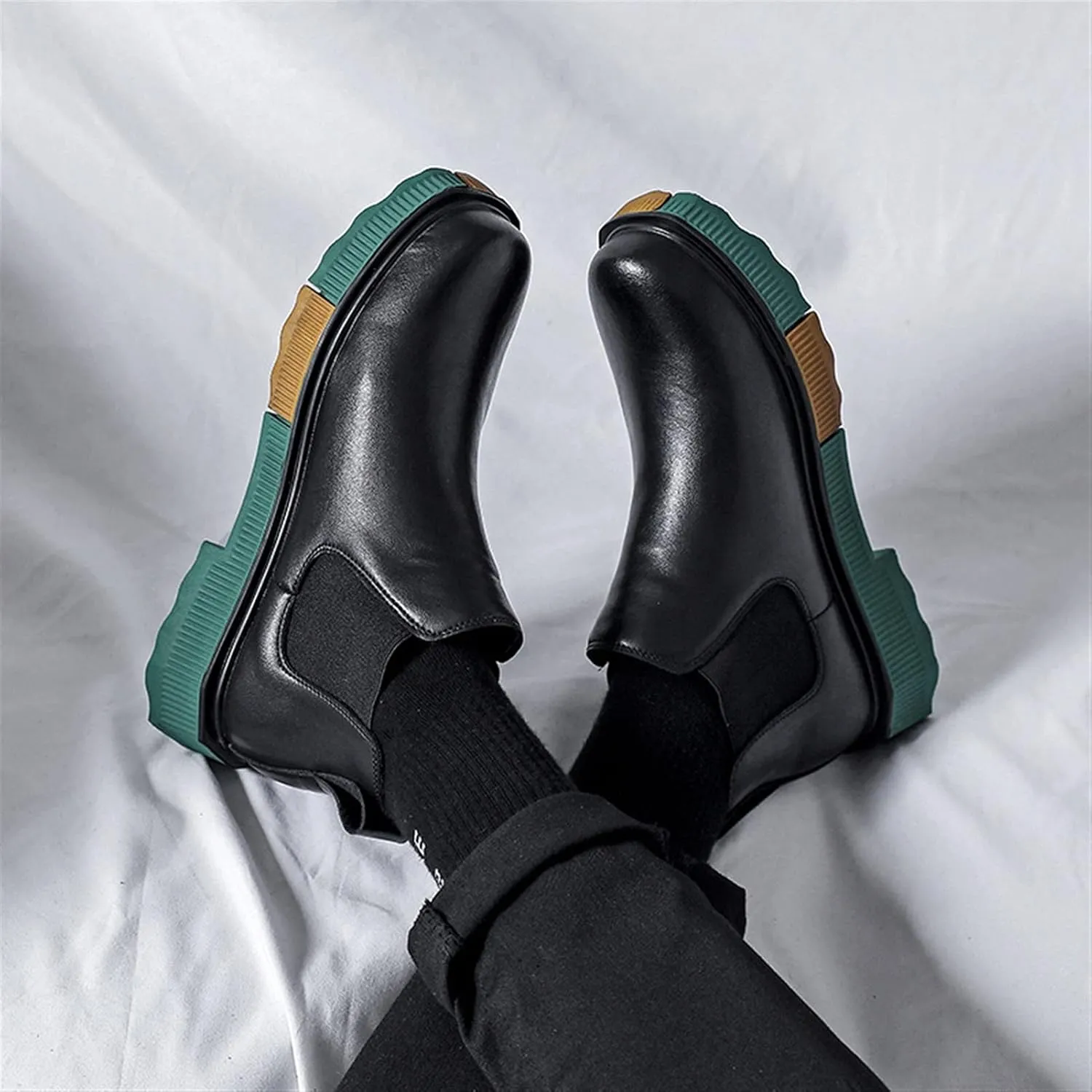 New Men's Chelsea Boots Elastic Bandage Color Bottom Height Increasing Elevator Cowhide Leather Slip On Wearable Waterproof Non Dress Fashion Slip On