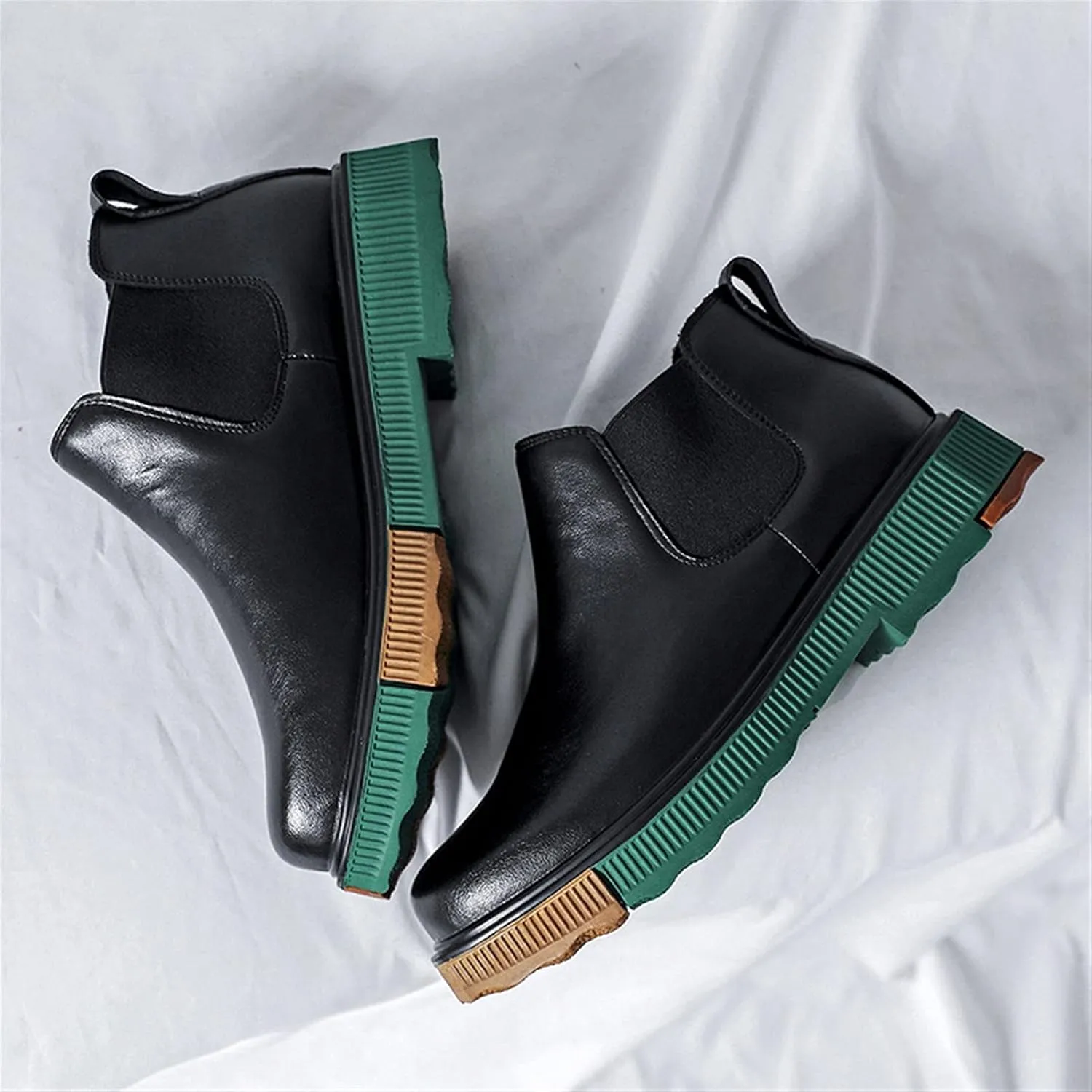 New Men's Chelsea Boots Elastic Bandage Color Bottom Height Increasing Elevator Cowhide Leather Slip On Wearable Waterproof Non Dress Fashion Slip On