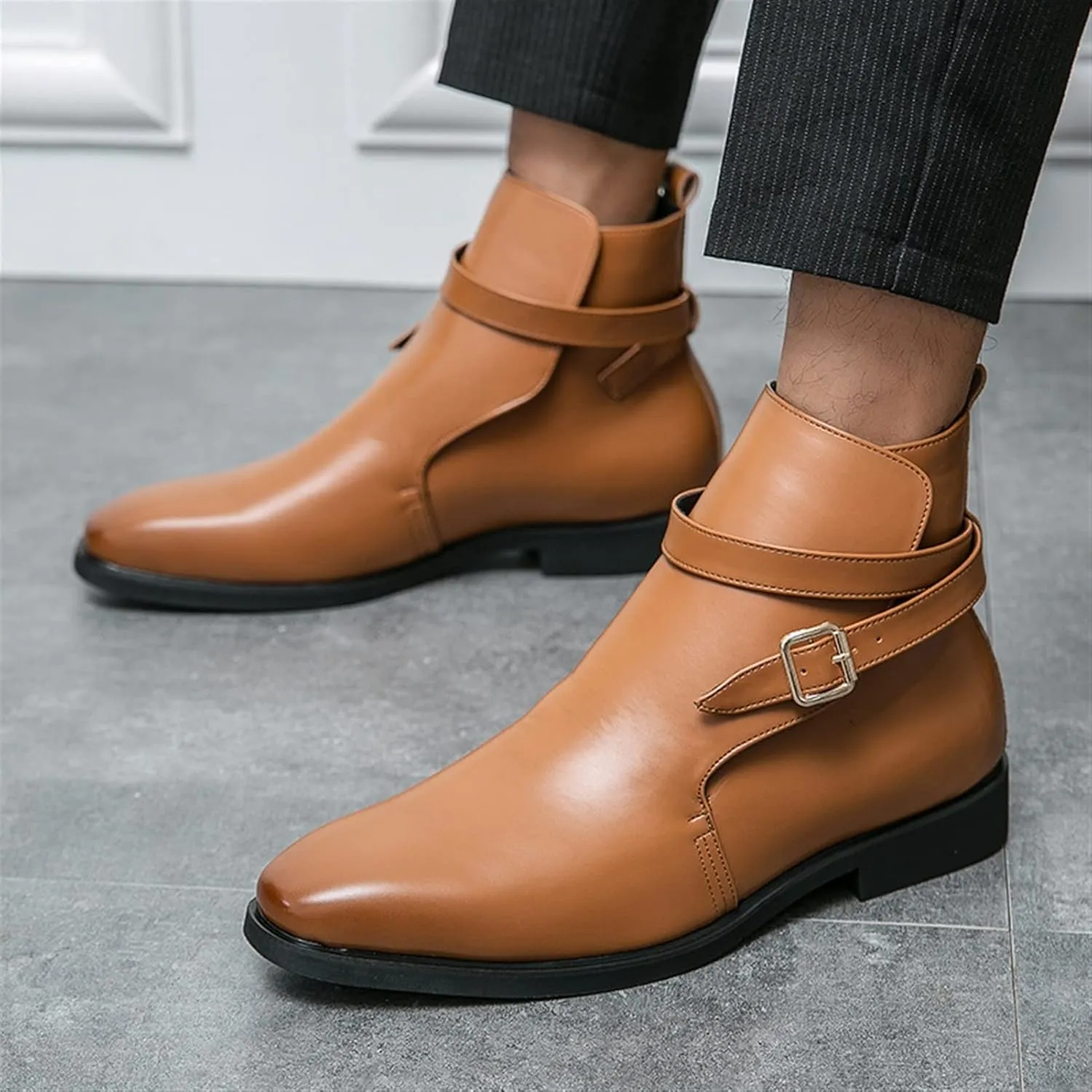 New Men's Chelsea Boots Monk belt PU Slip On Waterproof Non Slip Wearable Dress Pull On