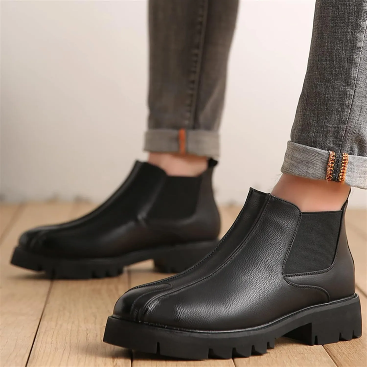 New Round Toe Ankle Boots For Men Lrregular Bottom Bike Toe Elastic Bandage PU Non Slip On Waterproof Wearable Dress