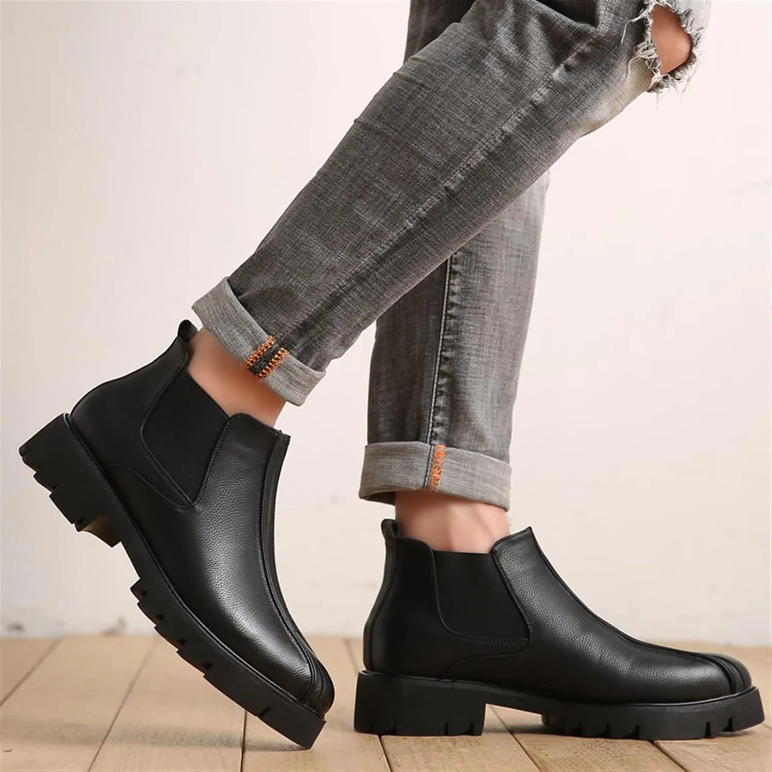 New Round Toe Ankle Boots For Men Lrregular Bottom Bike Toe Elastic Bandage PU Non Slip On Waterproof Wearable Dress