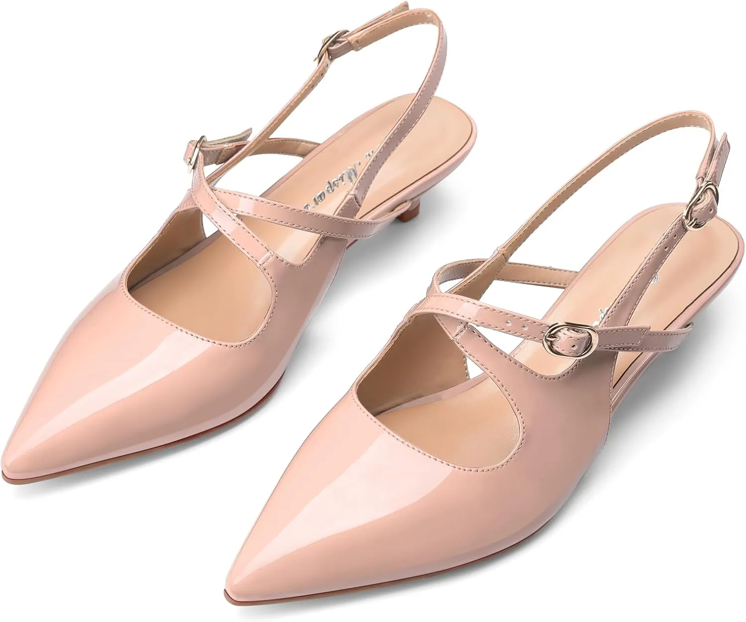 Oh Mispares Pointed Toe Kitten Heels for Women Slingbacks Low Heel Dressy Pumps Patent Leather Closed Toe Cross Strap Slingback Dress Shoes