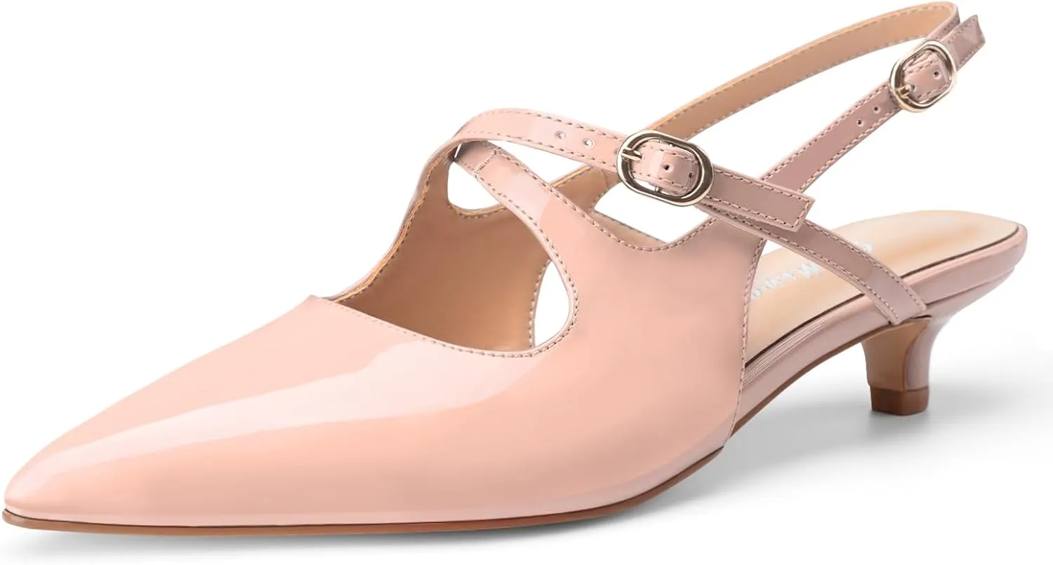 Oh Mispares Pointed Toe Kitten Heels for Women Slingbacks Low Heel Dressy Pumps Patent Leather Closed Toe Cross Strap Slingback Dress Shoes