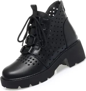 Optigard Women's Leather Platform Lace-up Ankle Boots,Back Zipper Hollow Breathable Comfortable Non-slip Soft Sole Low Heel Shoes Fashion Dress Ankle Boots