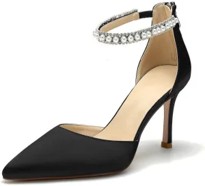 Pointed Toe Pearl Wedding Shoes for Bride White High Heels Satin Bridal Shoes Zipper Back Evening Party Dance Dresses Shoes Pumps for Women