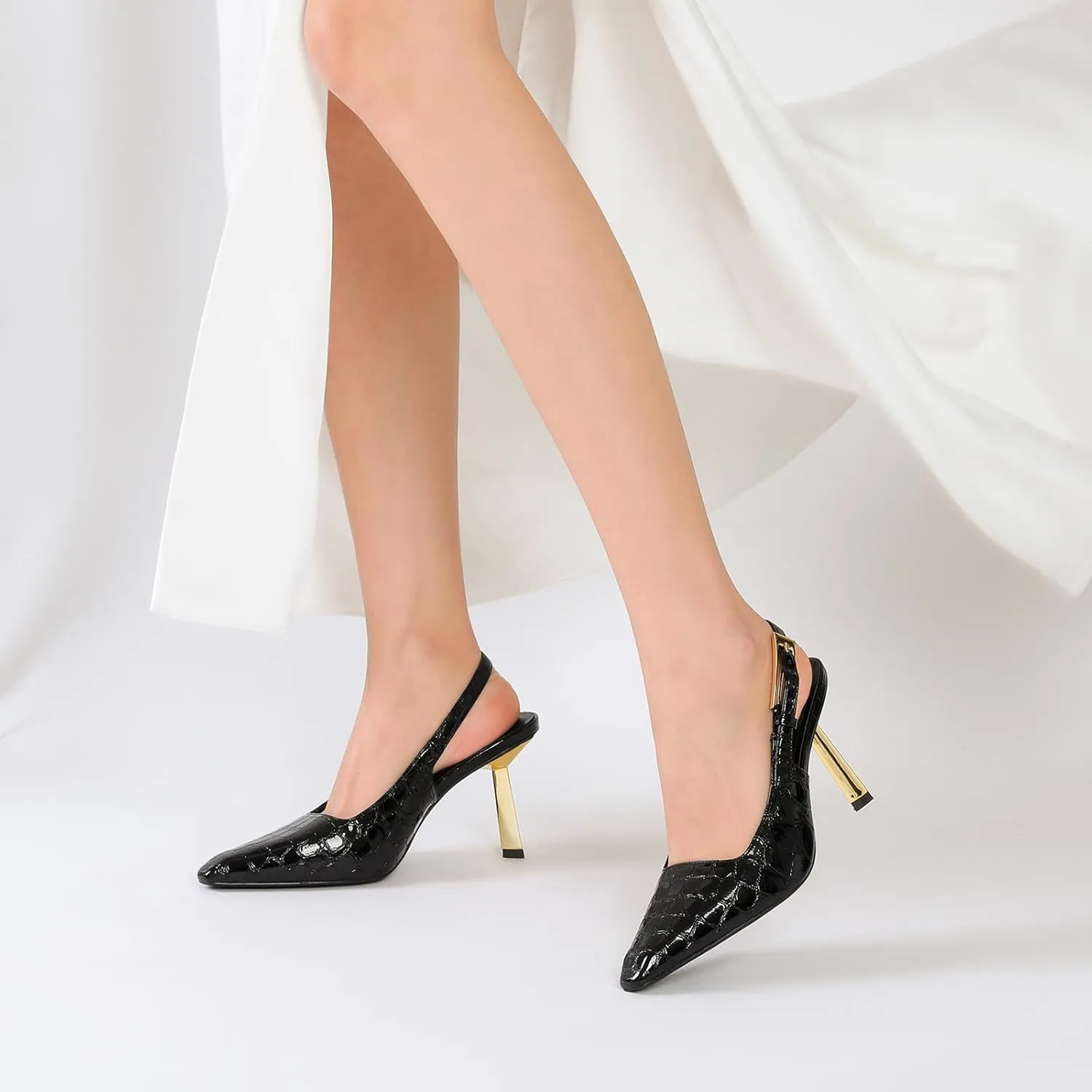 RIBONGZ Slingback Heels for Women Closed Pointed Toe Stiletto High Heels Dress Sexy Pumps Heeled Wedding Bride Prom Party Evening Dressy Shoes
