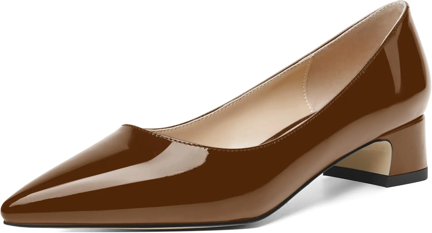 ROSERWISH Womens Patent Casual Work Comfortable Pointed Toe Slip On Chunky Low Heel Pumps Dress Shoes 1.5 Inch