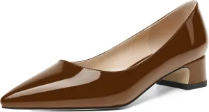 ROSERWISH Womens Patent Casual Work Comfortable Pointed Toe Slip On Chunky Low Heel Pumps Dress Shoes 1.5 Inch