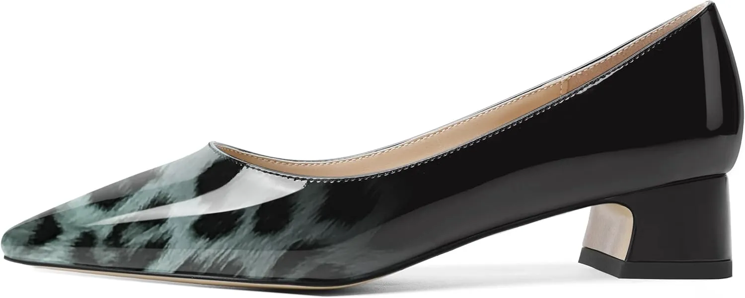 ROSERWISH Womens Patent Casual Work Comfortable Pointed Toe Slip On Chunky Low Heel Pumps Dress Shoes 1.5 Inch