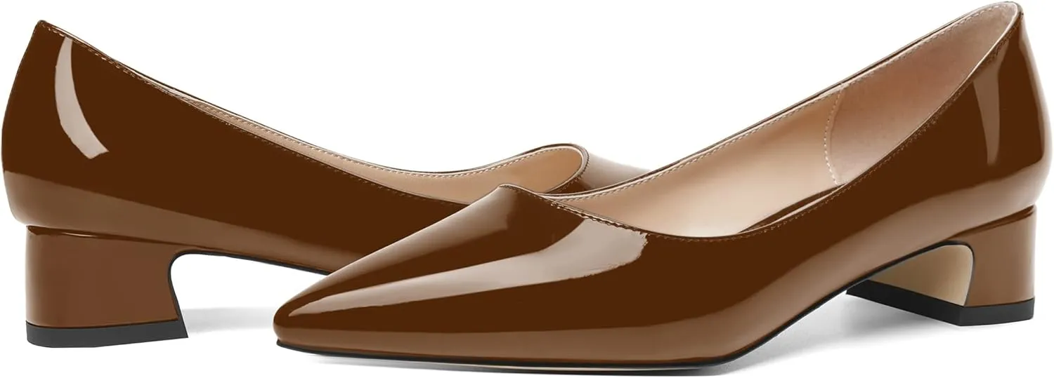 ROSERWISH Womens Patent Casual Work Comfortable Pointed Toe Slip On Chunky Low Heel Pumps Dress Shoes 1.5 Inch