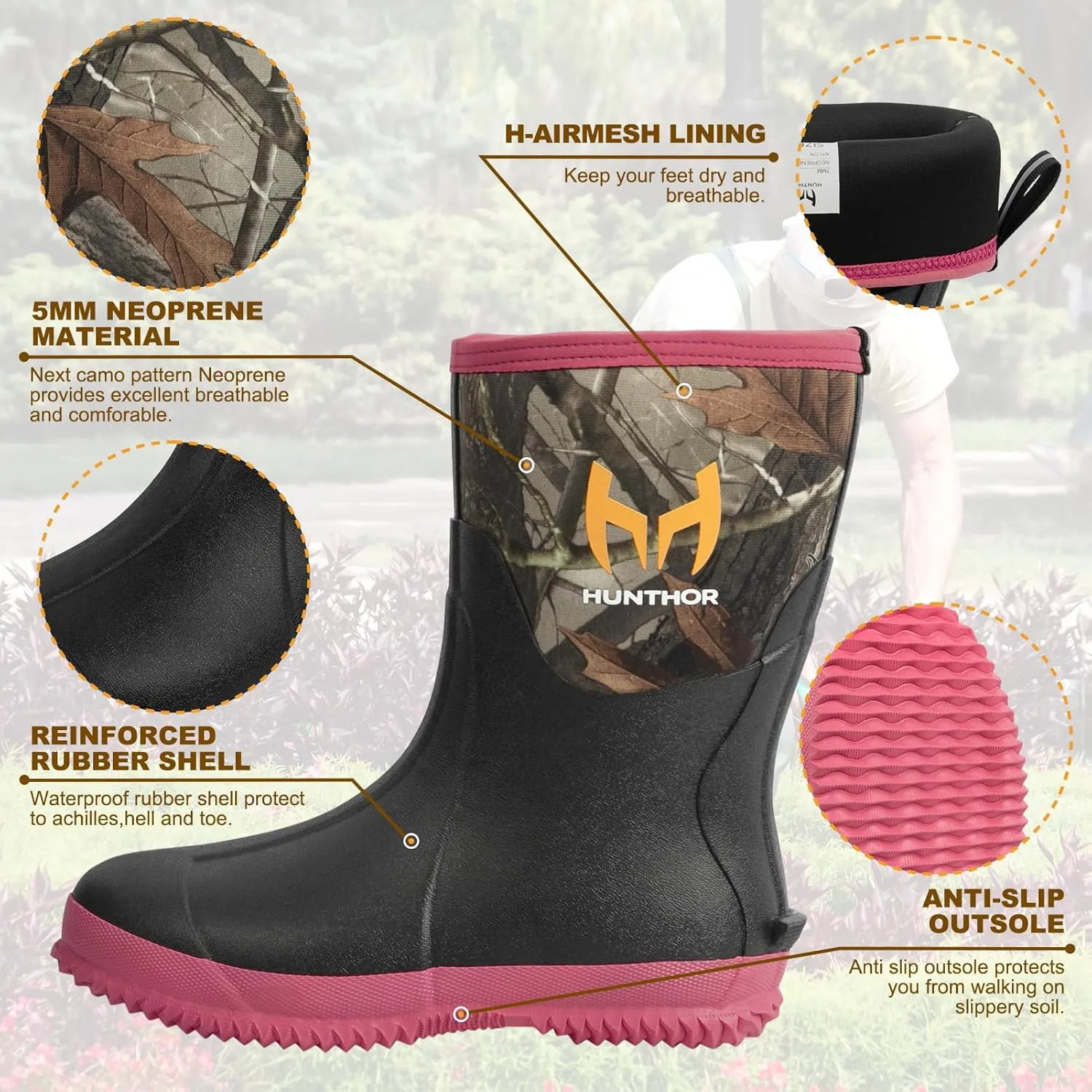 Rubber Boots for Women, 5mm Neoprene Insulated Waterproof Rain Boots with Steel Shank, Mid Calf Hunting Shoes for Faming Gardening Mud Work (Size 5-11)