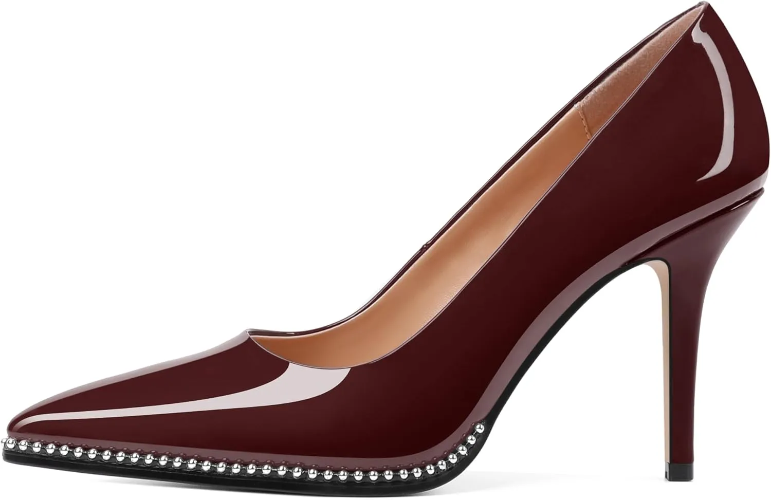 SAMMITOP Women Beaded Pumps Closed Pointed Toe High Heel Slip On Stilettos 3.5 Inch Sexy Heeled Dress Shoes Patent Leather