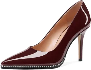SAMMITOP Women Beaded Pumps Closed Pointed Toe High Heel Slip On Stilettos 3.5 Inch Sexy Heeled Dress Shoes Patent Leather