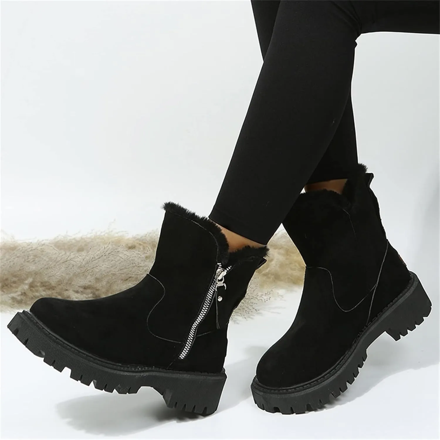 Snow Boots for Women Waterproof Winter Boots Anti-slip Fuzzy Fur Booties Cold Weather Lace Up Ankle Boots Thickening Winter Shoes Walking Hiking Booties