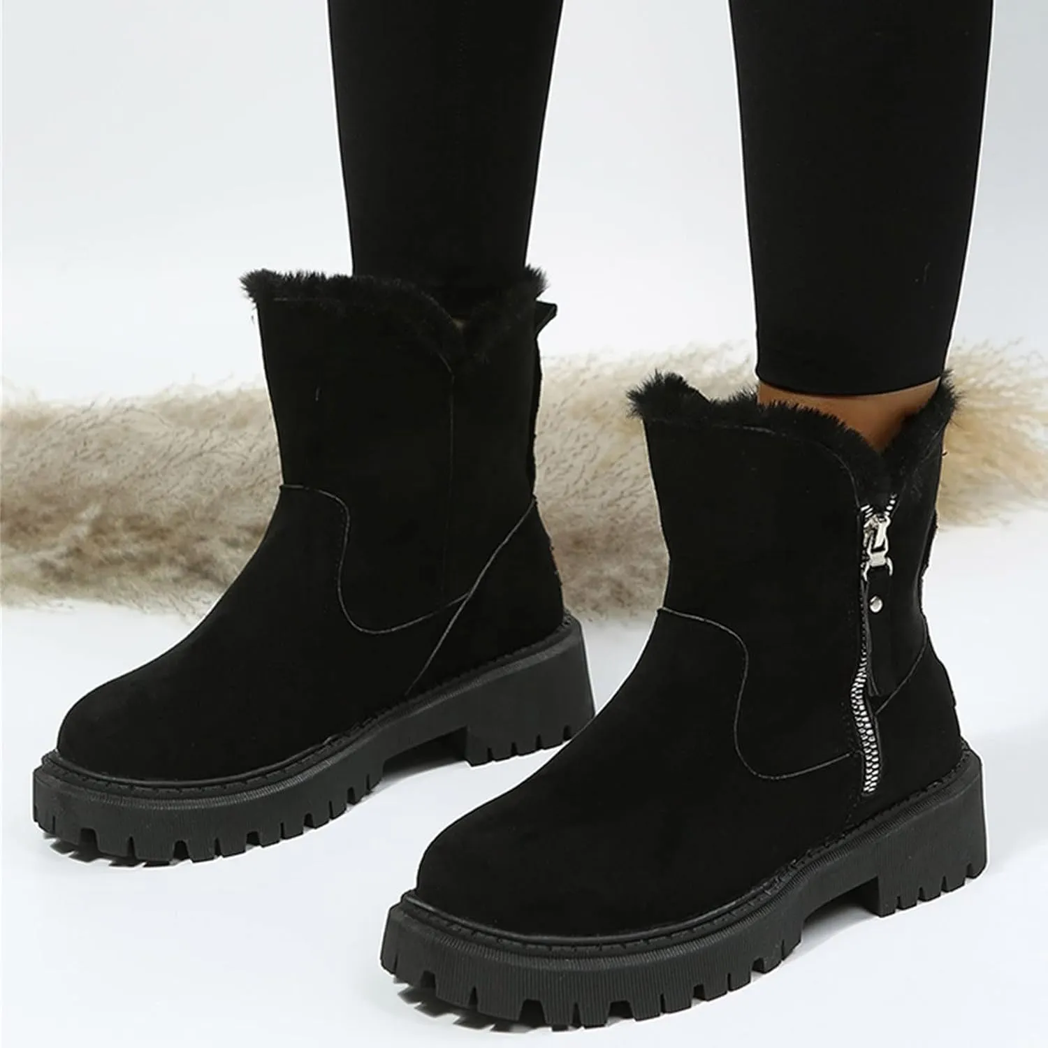 Snow Boots for Women Waterproof Winter Boots Anti-slip Fuzzy Fur Booties Cold Weather Lace Up Ankle Boots Thickening Winter Shoes Walking Hiking Booties