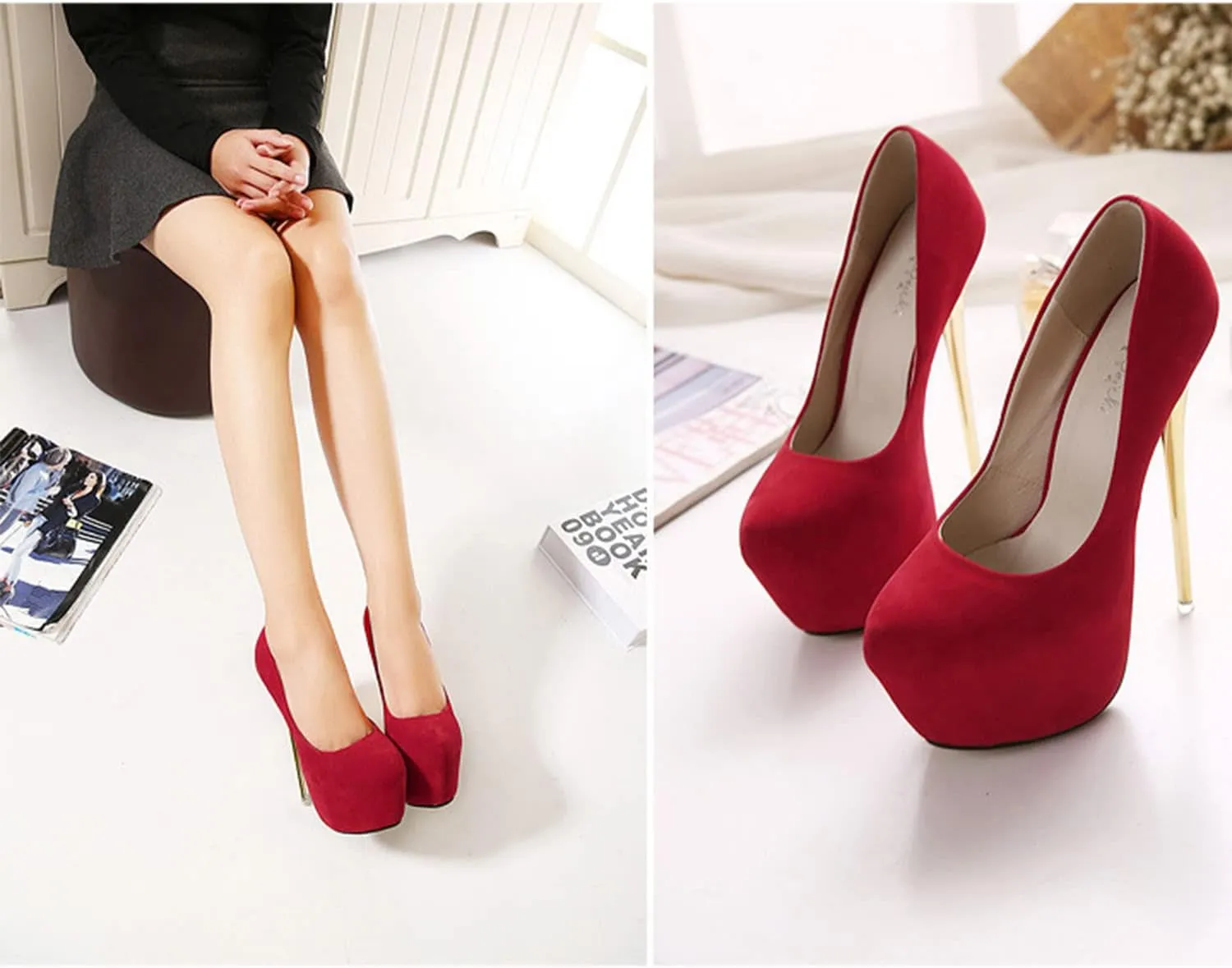 Solid Color Suede Women's High Heels Platform Pumps Slip On Sexy Round Toe Stilettos 6.3" Inch Heel Classic Dress Party Shoes