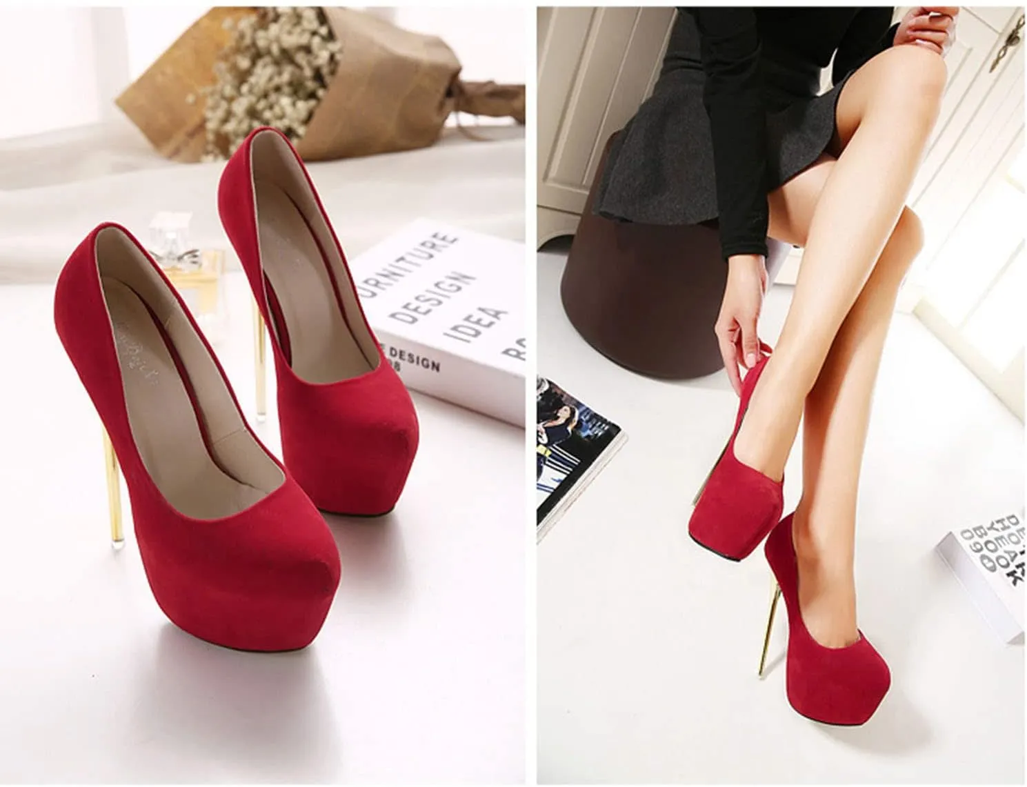 Solid Color Suede Women's High Heels Platform Pumps Slip On Sexy Round Toe Stilettos 6.3" Inch Heel Classic Dress Party Shoes