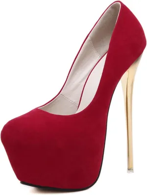 Solid Color Suede Women's High Heels Platform Pumps Slip On Sexy Round Toe Stilettos 6.3" Inch Heel Classic Dress Party Shoes