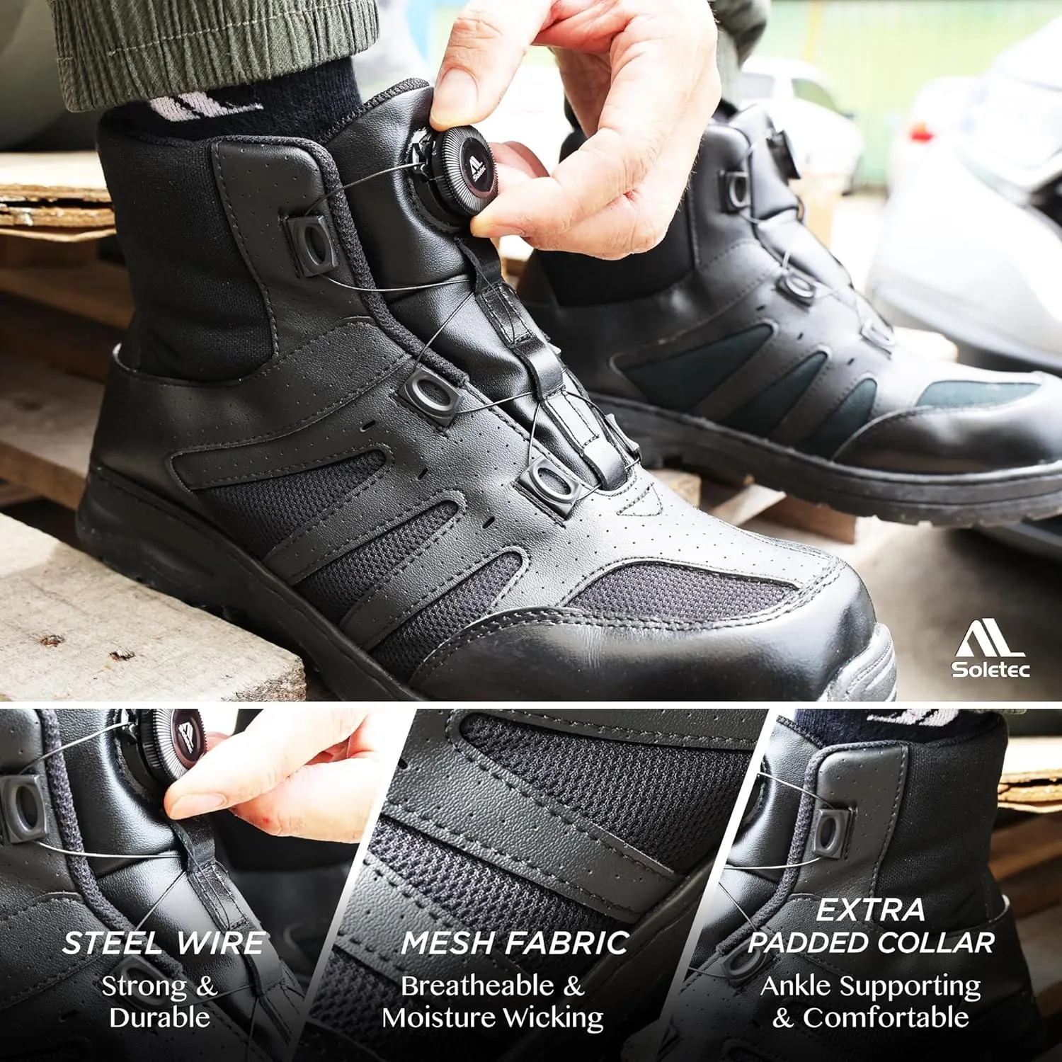 Steel Toe Safety Shoes, No Tie Shoe Lace, Genuine Leather, Breathable Fabric, Non-Slip, for Men& Women