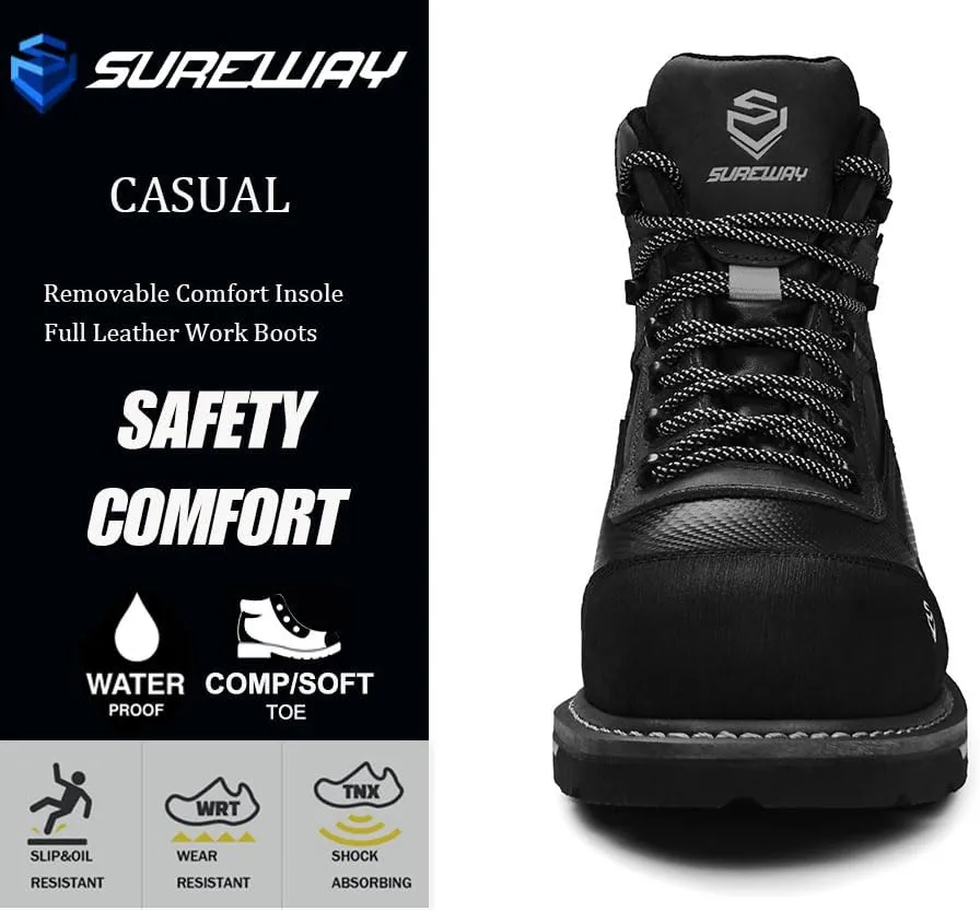 SUREWAY Composite Toe Heavy Duty Waterproof Work Boot, Mens 6" Goodyear Welt Oil/Slip Resistant Dual-Density Comfortable Outsole Leather Construction Industrial Safety Lace Up Work Boots - Brown