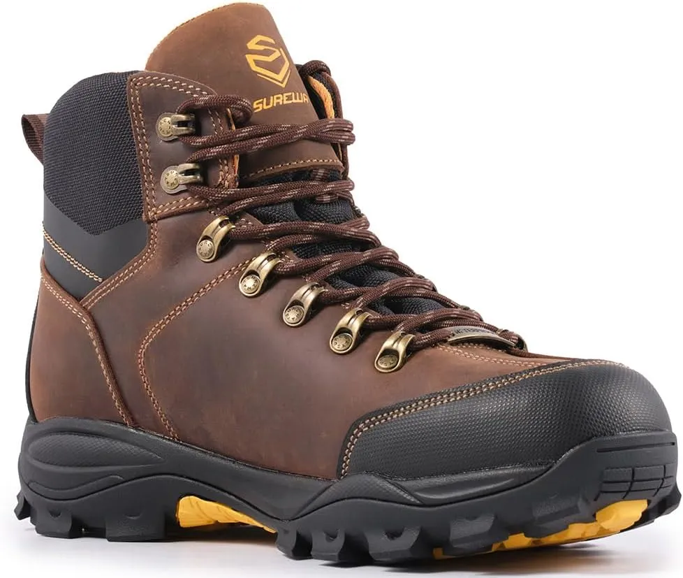 SUREWAY Men's 6" Soft/Steel Toe Heavy Duty Waterproof Work Boot,Roofing,Hunting,Leather,Lace Up,EH Construction Industrial Ankle Safety Men Work Boots,Slip Resistant Comfortable Outsole