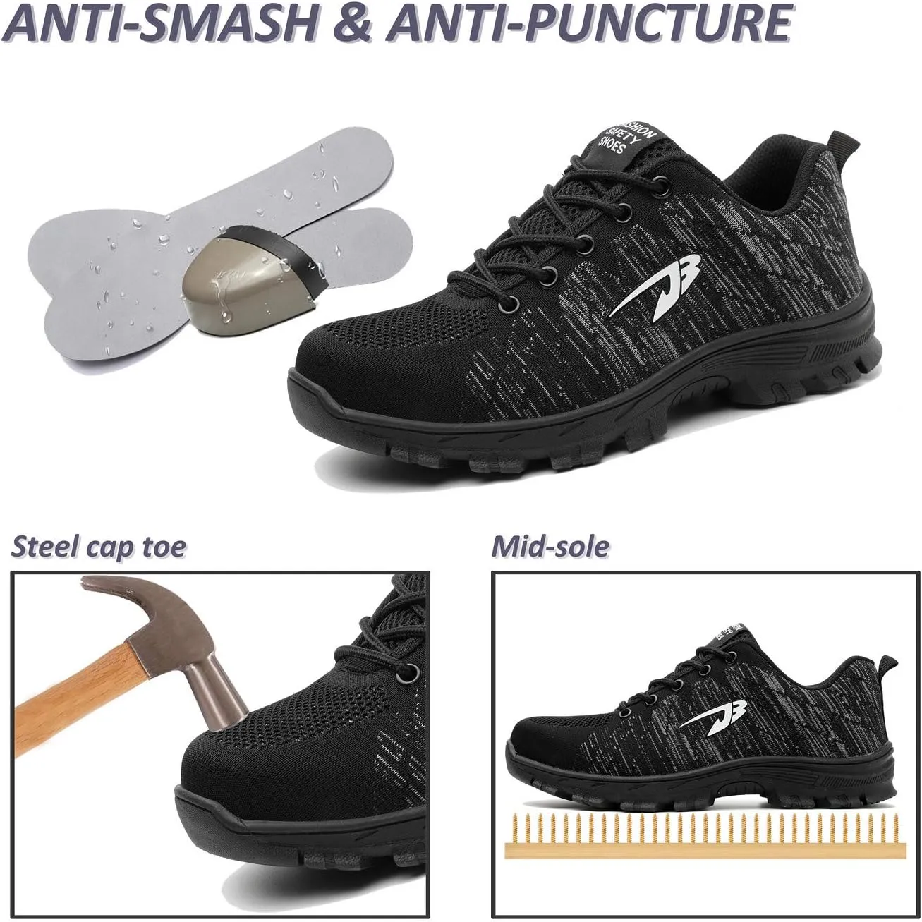 U-lite Steel Toe Anti-Smash Safety Work Shoes for Men Women, Lightweight Breathable Anti-Skid Industrial Construction Shoe